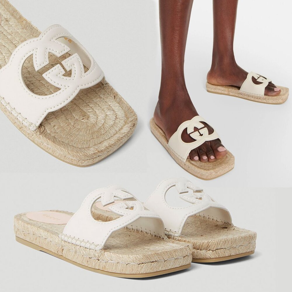 GUCCI SHOES WHITE LEATHER CUT-OUT G LOGO ESPADRILLES SANDALS sz 40.5 10.5 US